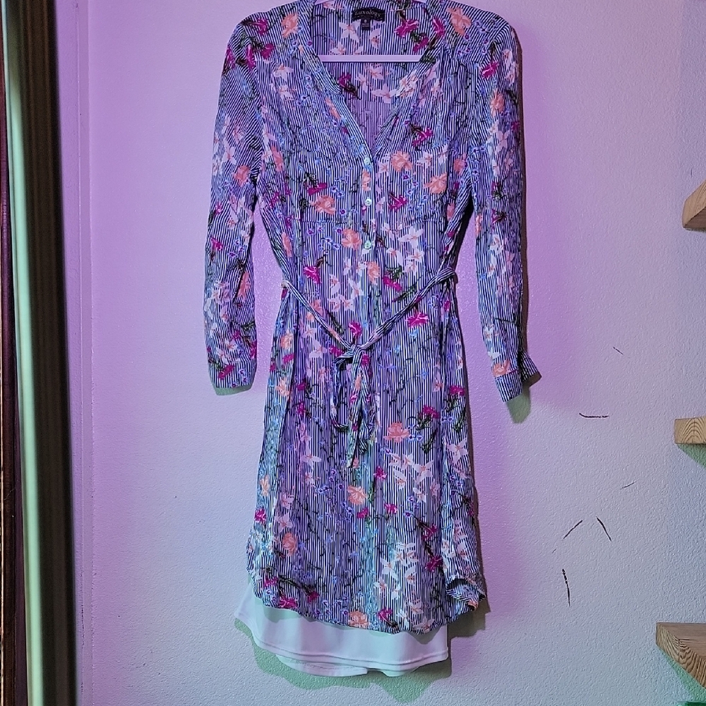 Luxology Blue and Pink Floral Long Sleeve Dress